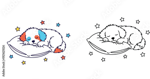 Adorable Sleeping Puppy on a Pillow with Stars - Cute Outline and Colored Cartoon Illustration
