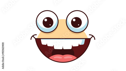 Cheerful cartoon character face features large expressive eyes and a wide toothy grin expressing pure happiness and joy.