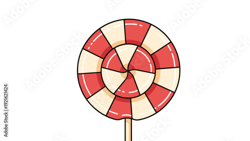 Large round lollipop with a classic red and white swirled pattern is shown on a simple wooden stick for a sweet treat concept.