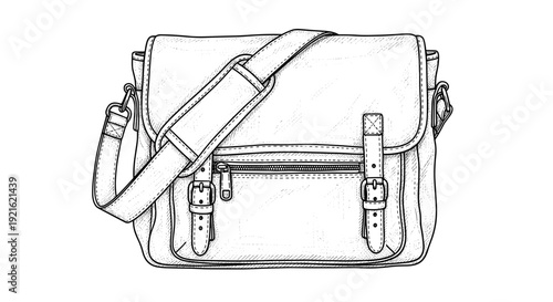 Leather messenger bag sketch in black and white style