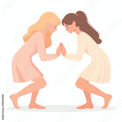 Two young women in playful confrontation, facing each other with hands together in a friendly gesture, illustration, modern lifestyle, side view