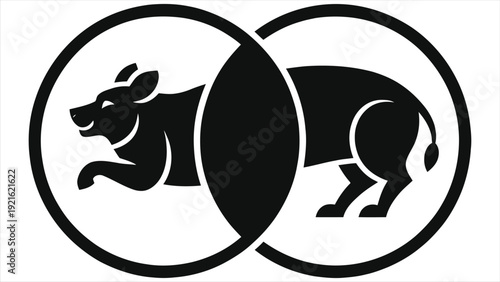 Minimalist Zodiac Compatibility Diagram: Yin-Yang Ox Silhouettes, Astrology Signs Matching, Vector Illustration for Horoscope, Tarot, and Chinese Zodiac Designs - High-Quality SVG & PNG