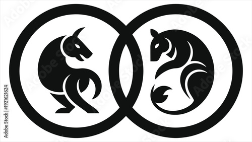 Zodiac Compatibility Diagram with Taurus and Leo Silhouettes in Interlocking Circles, Astrology Love Match Vector Art, Black and White Minimalist Horoscope Signs for Relationship Synastry and Couple