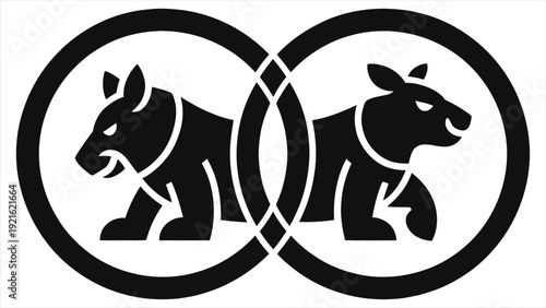 Zodiac compatibility diagram with interlocking circles and twin bull silhouettes, astrology relationship match concept, minimal black and white vector icon for horoscope, love and dating branding use 