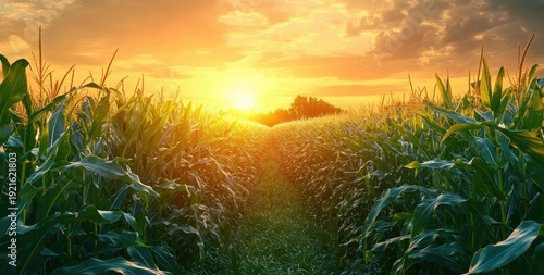 Golden sunset over a verdant cornfield with a grassy path between tall maize rows, glowing sky and warm light creating a peaceful, hopeful rural scene
