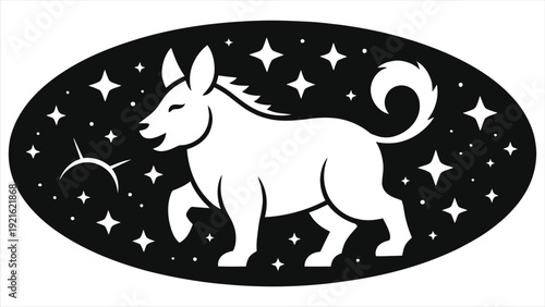 Capricorn zodiac sign goat silhouette in starry galaxy oval, astrology horoscope constellation vector illustration, celestial night sky emblem, minimal black and white design for posters and logos art