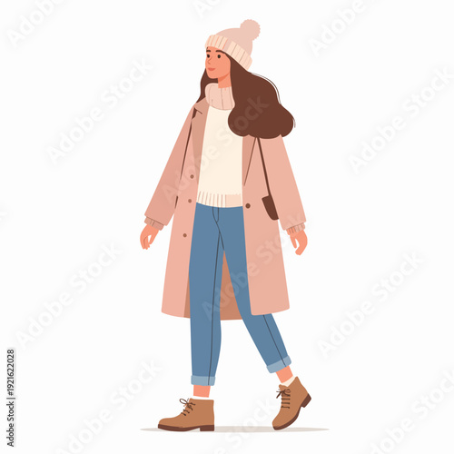 Illustration of a woman walking outside in winter clothing from a side viewpoint