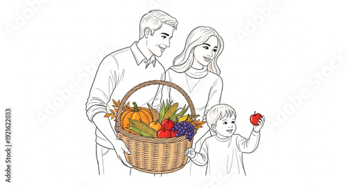 Family Holding Basket of Fruits.
