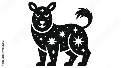 Cosmic Zodiac Dog Silhouette with Stars and Moon Pattern. Vector Illustration of Chinese New Year Animal Symbol. Black and White Astrology Constellation Design. Mystical Celestial Canine Icon 