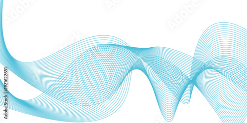 Undulate wave swirl swoosh, dynamic twisted lines, music soundwave, abstract border, teal and blue color flow. Transparent isolated element on white background