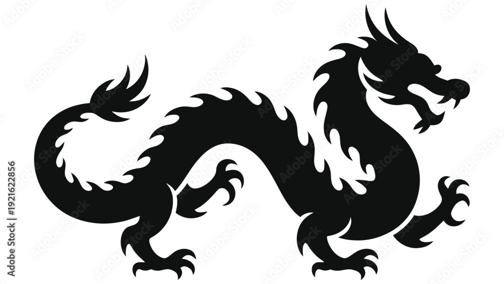 Naklejka premium Chinese Dragon Zodiac Silhouette Vector Illustration, Asian Lunar New Year Symbol, Traditional Oriental Mythology Creature, Black Ink Tattoo Design, Astrology Horoscope Sign Art