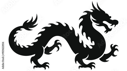 Chinese Dragon Zodiac Silhouette Vector Illustration, Asian Lunar New Year Symbol, Traditional Oriental Mythology Creature, Black Ink Tattoo Design, Astrology Horoscope Sign Art