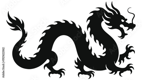 Chinese Dragon Silhouette Vector Illustration. Black isolated mythical creature on white background. Traditional Asian zodiac sign symbol for Chinese New Year. Mythological beast outline.