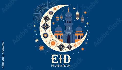 Vibrant Eid Mubarak celebration with mosque and crescent moon
