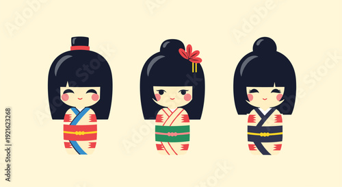Set of traditional Japanese kokeshi dolls in colorful kimonos stands against a pale yellow background, representing heritage.