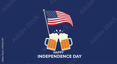 Two frothy beer mugs clink together beneath a waving American flag to celebrate Independence Day on a dark blue background.