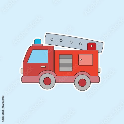 A minimalist hand drawn illustration of a red fire engine with a ladder on a light blue background. Ideal for firefighter icons, station stickers, rescue ads, and emergency safety designs.