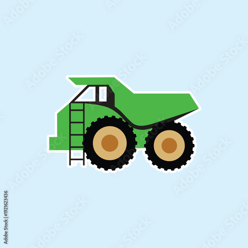 A simple hand drawn illustration of a green mining dump truck on a light blue background. Ideal for industrial icons, construction site graphics, children stickers, and transport decor.