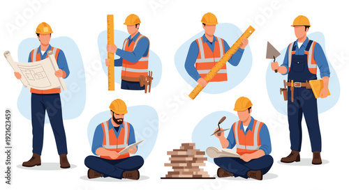 Professional construction workers in orange safety vests and yellow hard hats use tools like rulers and trowels for building projects.