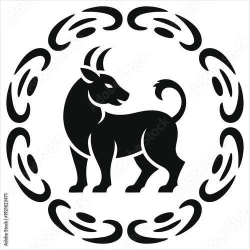 Taurus Zodiac Sign Vector Illustration. Black silhouette of a bull inside an ornamental circular frame. Astrology symbol for horoscope and constellation design.