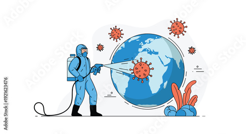 Specialist in a blue hazmat suit uses a disinfectant sprayer to fight against virus particles surrounding the planet Earth in a flat design.