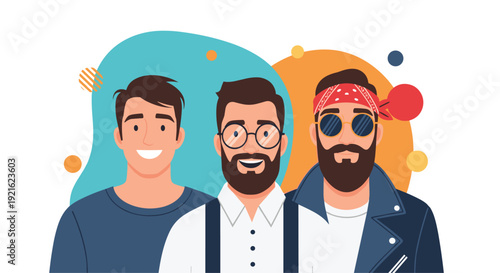 Three diverse male characters with different hairstyles and styles smile warmly against a colorful abstract background for friendship.
