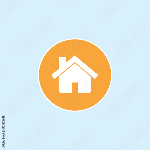 A minimalist white house silhouette inside an orange circle on a light blue background. Ideal for website homepage buttons, real estate app icons, and residential property symbols.