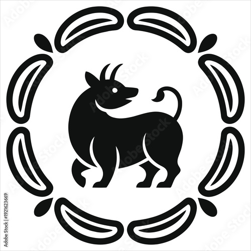 Taurus Zodiac Sign Vector Illustration, Black Bull Silhouette in Ornamental Circular Frame, Astrology Constellation Icon for Horoscope Branding, Mystical Star Sign Design Element for Tarot and Magic