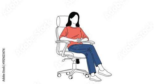 Young woman sits comfortably in a white ergonomic office chair with her legs crossed and hands folded against a plain white background.