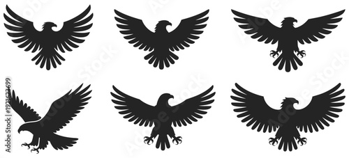 Black eagle silhouettes in multiple dynamic flying and attacking poses, bold heraldic bird symbols representing strength