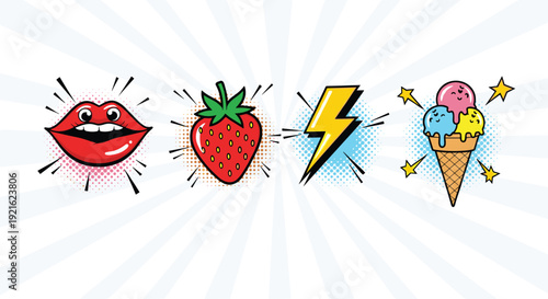 Set of vibrant pop art icons featuring biting lips, a strawberry, a lightning bolt, and a multi colored ice cream cone on a sunburst background.