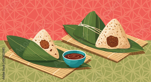 Traditional Chinese zongzi sticky rice dumplings wrapped in bamboo leaves are served on mats with dipping sauce for the Dragon Boat Festival.