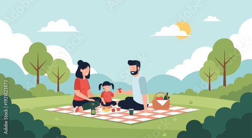 Happy family of three enjoys a sunny day picnic on a checkered blanket in a lush green park with mountains and a bright sun in the distance.