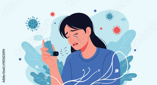 Distressed woman uses a blue asthma inhaler while crying as stylized virus particles and environmental allergens float in the background.