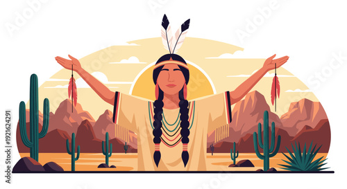 Native American woman in traditional clothing stands with open arms in a majestic desert landscape featuring cacti and mountains at sunset.