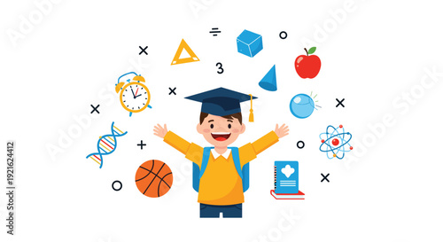 Enthusiastic young student in a graduation cap celebrates his success surrounded by various school and science icons for learning theme.