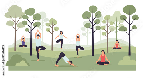 Diverse group of people practices yoga and meditation in a serene green park surrounded by leafy trees and rolling hills for wellness.