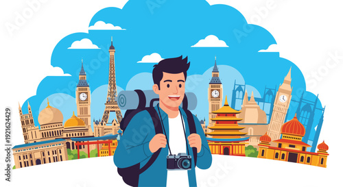 Cheerful young male backpacker with a camera stands in front of world famous landmarks like the Eiffel Tower and Big Ben for travel themes.