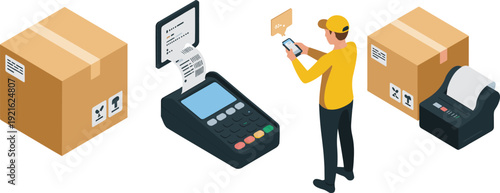 Isometric parcel delivery payment with POS terminal, receipt printer and shipping boxes, ecommerce logistics transaction concept illustration