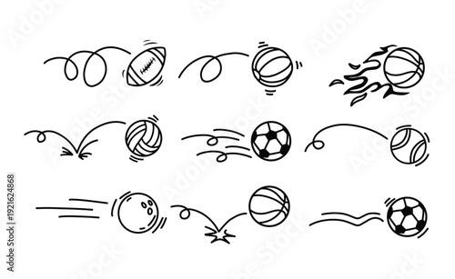 Doodle sport ball trajectory bounce collection. hand drawn balls set. Vector illustration.