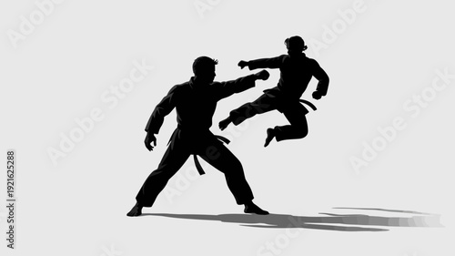 Martial Arts Silhouette: Dynamic silhouettes capture the essence of martial arts combat, showcasing a high kick and poised stance, in this dramatic monochrome image. 