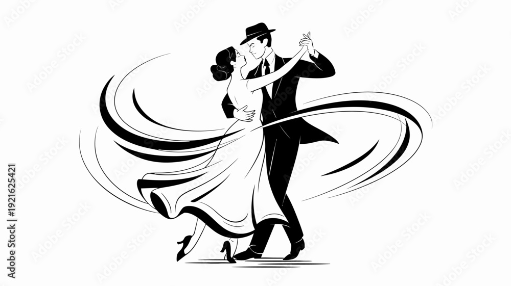Fototapeta premium Elegance in Motion: A classic couple glides gracefully across a dance floor, intertwined in an intimate moment. Depicting the art of dance and the timeless allure of romance.