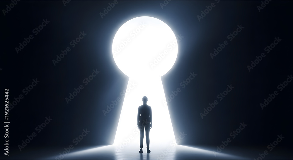 Obraz premium Man standing in front of glowing keyhole in dark room
