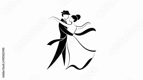 Elegant Dance Silhouette: A stylized black and white illustration depicts a graceful couple in an embrace, their figures entwined in a dance of timeless elegance.
