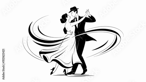 Elegance in Motion: A classic couple glides gracefully across a dance floor, intertwined in an intimate moment. Depicting the art of dance and the timeless allure of romance.