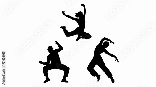Dynamic Dance: Three silhouetted dancers move with fluid grace, embodying the energy and artistry of dance. The monochrome composition emphasizes movement and form.