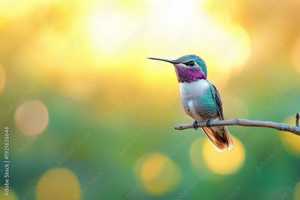 Obraz premium small iridescent hummingbird with purple throat and green feathers perched on a thin branch against warm golden bokeh background, serene and delicate
