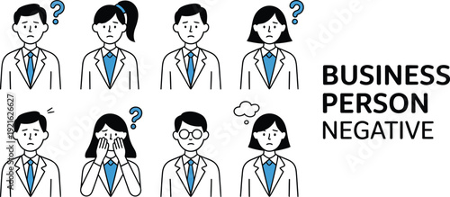 business people negative emotion illustrations showing stress, confusion, worry and frustration in workplace situations