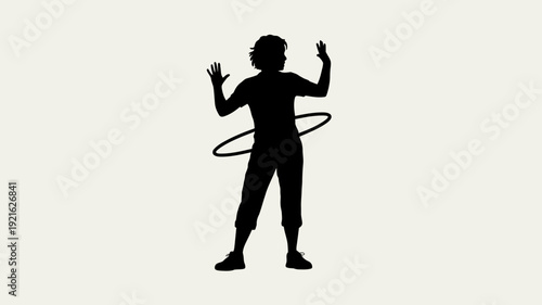 Silhouette of rhythmic movement: A silhouette of a person skillfully hooping, embodying a sense of playful energy and focused coordination. Evokes feelings of rhythm, skill, and creative exercise.