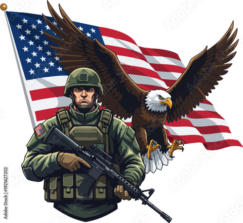 American Soldier with Flag and Bald Eagle Patriotism